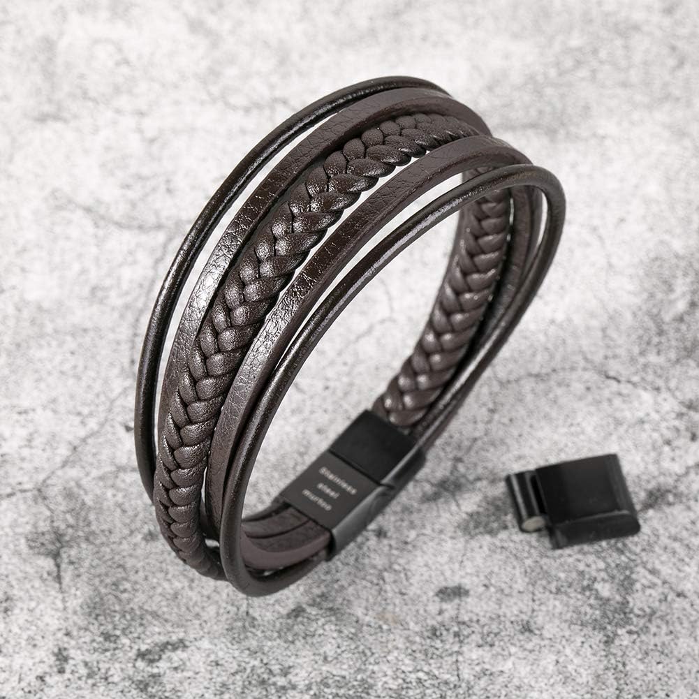 Murtoo Mens Leather Bracelet with Magnetic Clasp Cowhide Multi-Layer Braided Leather Mens Bracelet: Jewelry