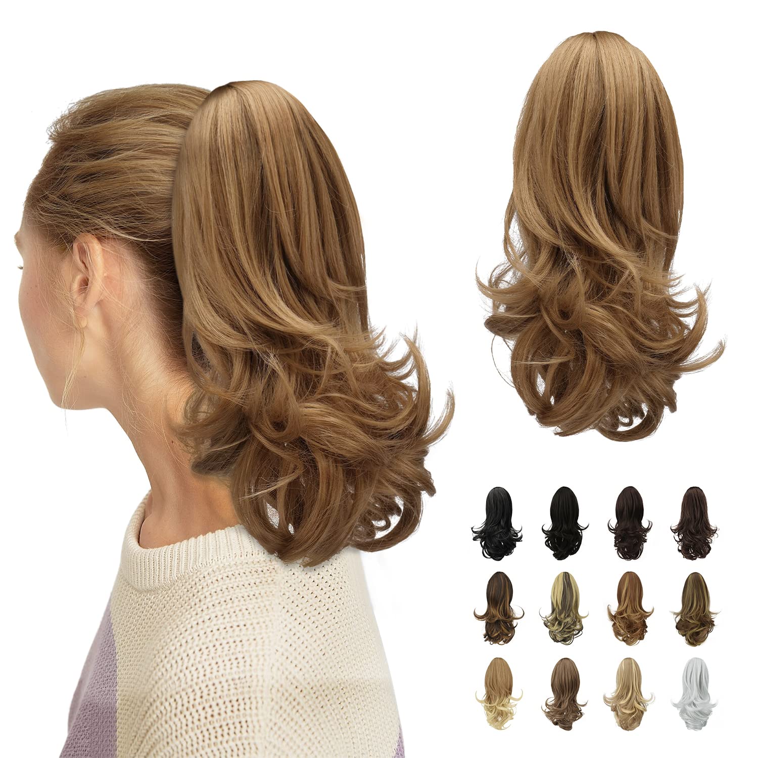 Sofeiyan 13" Ponytail Extension Long Curly Ponytail Clip in Claw Hair Extension Natural Looking Synthetic Hairpiece for Women,Light Blonde mix Strawberry Blonde Evenly