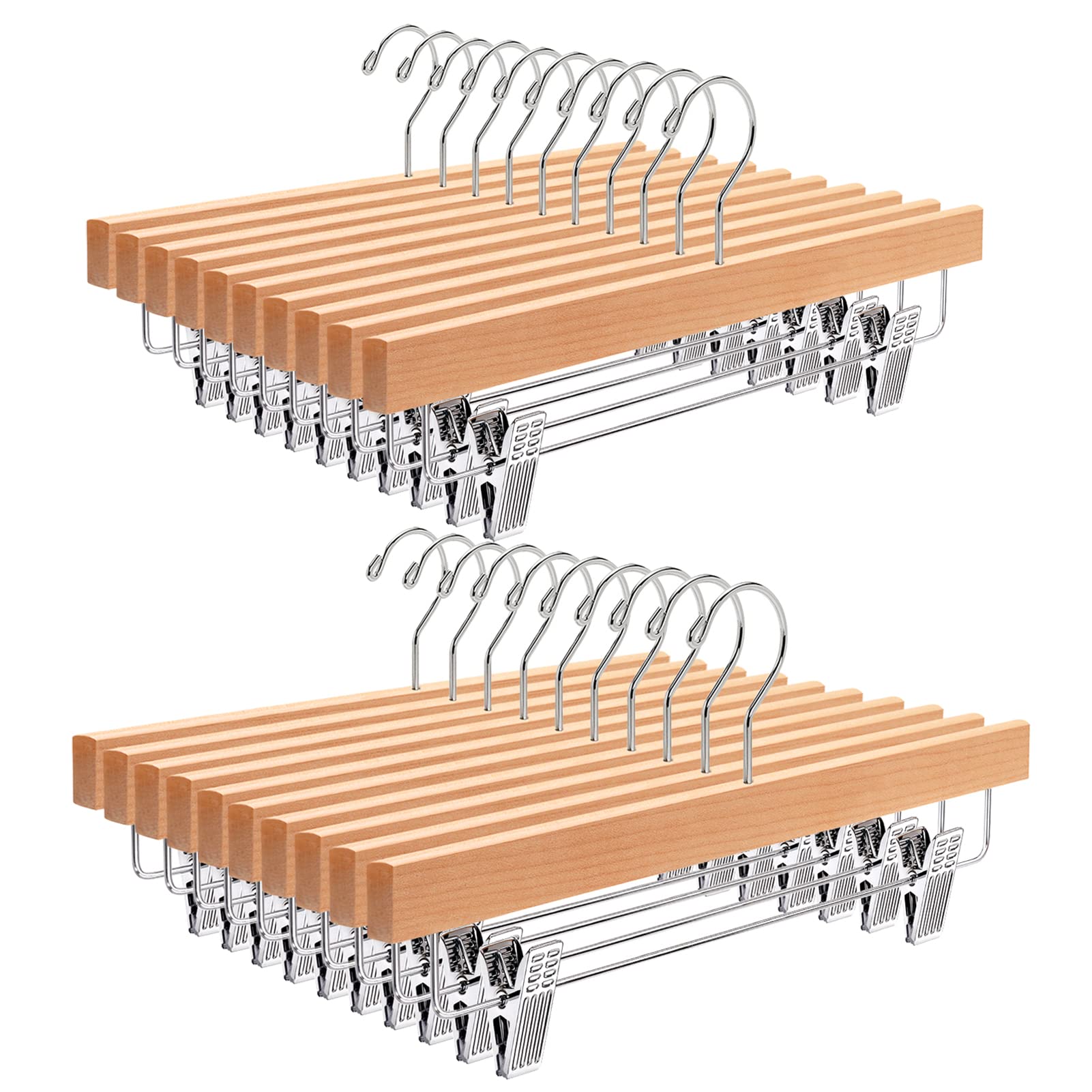 Amber Home Pack of 20 Natural Wood Hangers 14 Inch for Trousers Skirts Socks Underwear Non-Slip Hangers with Clips
