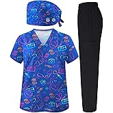 VillbeCoser 3Pcs Women's Scrubs Set with Scrub Pants Caps Cute Printed V Neck Tops Soft Casual Nurse Uniform With Pocket