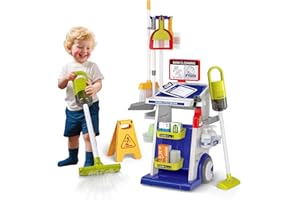 FEGALOP Kids Cleaning Toy Set, 22PCS Toddler Cleaning Set with Real Working Vacuum, Mop & Spray Bottle, Educational Role Play Househlod Carts Toys for Toddlers Ages 3-8, for Boys Girls (Blue)
