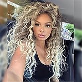 GNIMEGIL Long Curly Blonde Wigs for White Women Ash Blonde Ombre Wig Natural Fluffy Hair Thick Hairline Synthetic Wigs 26inches Long Wig Wavy