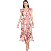 Floral Midi Dress with V-Neckline and Ruffled Sleeveless Straps