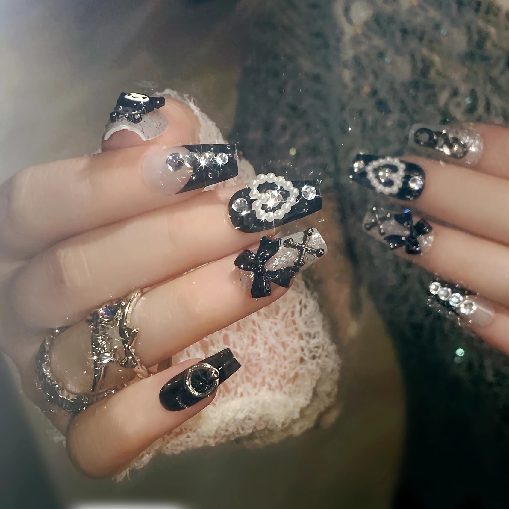 BABALAL Press on Nails Medium Coffin Fake Nails Black French Tip Glue ons Nails Cute Bow Anime Heart Charm Design Acrylic Nails 24Pcs Luxury Bling Ballerina Manicure DIY False Nails - Image 2