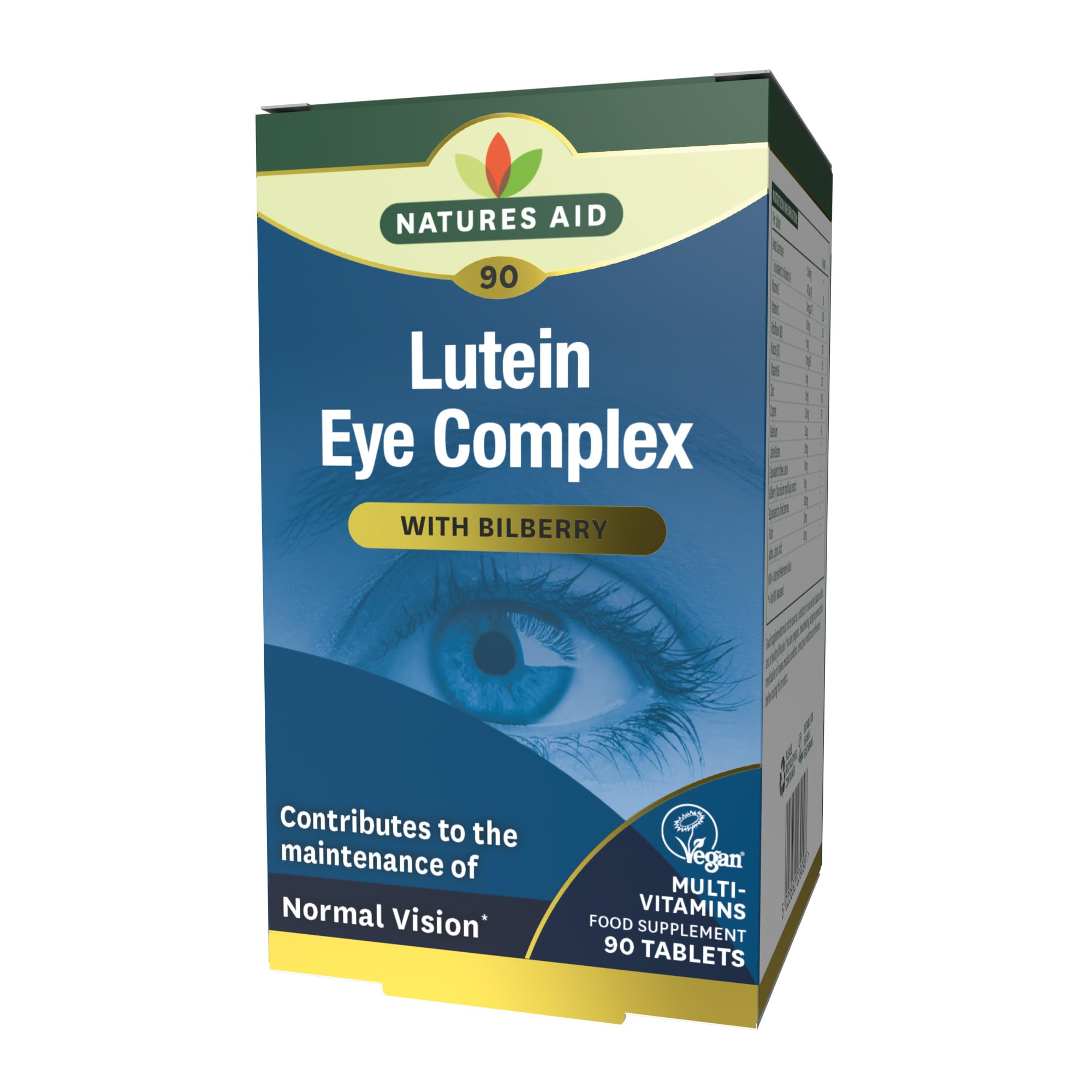 Natures Aid Lutein Eye Complex – with Bilberry, Zinc, Vitamins A B2 C E Riboflavin – Supports Normal Vision Maintenance & Eye Health – Vegan, Gluten-Free, Non-GMO - 90 Tablets