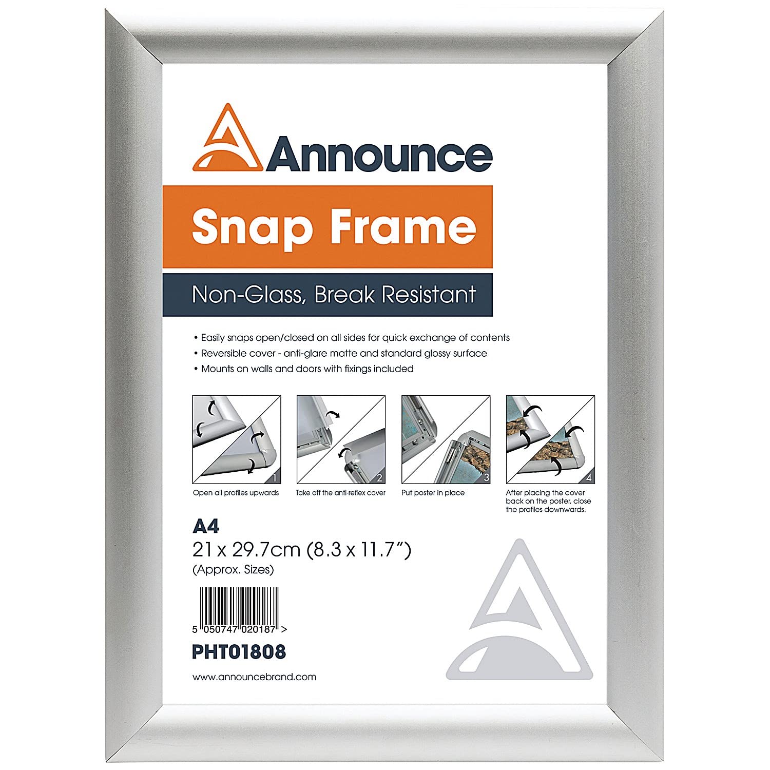 Announce A4 Snap Frame (25mm anodised Aluminium Frame, Wall fixings Included)