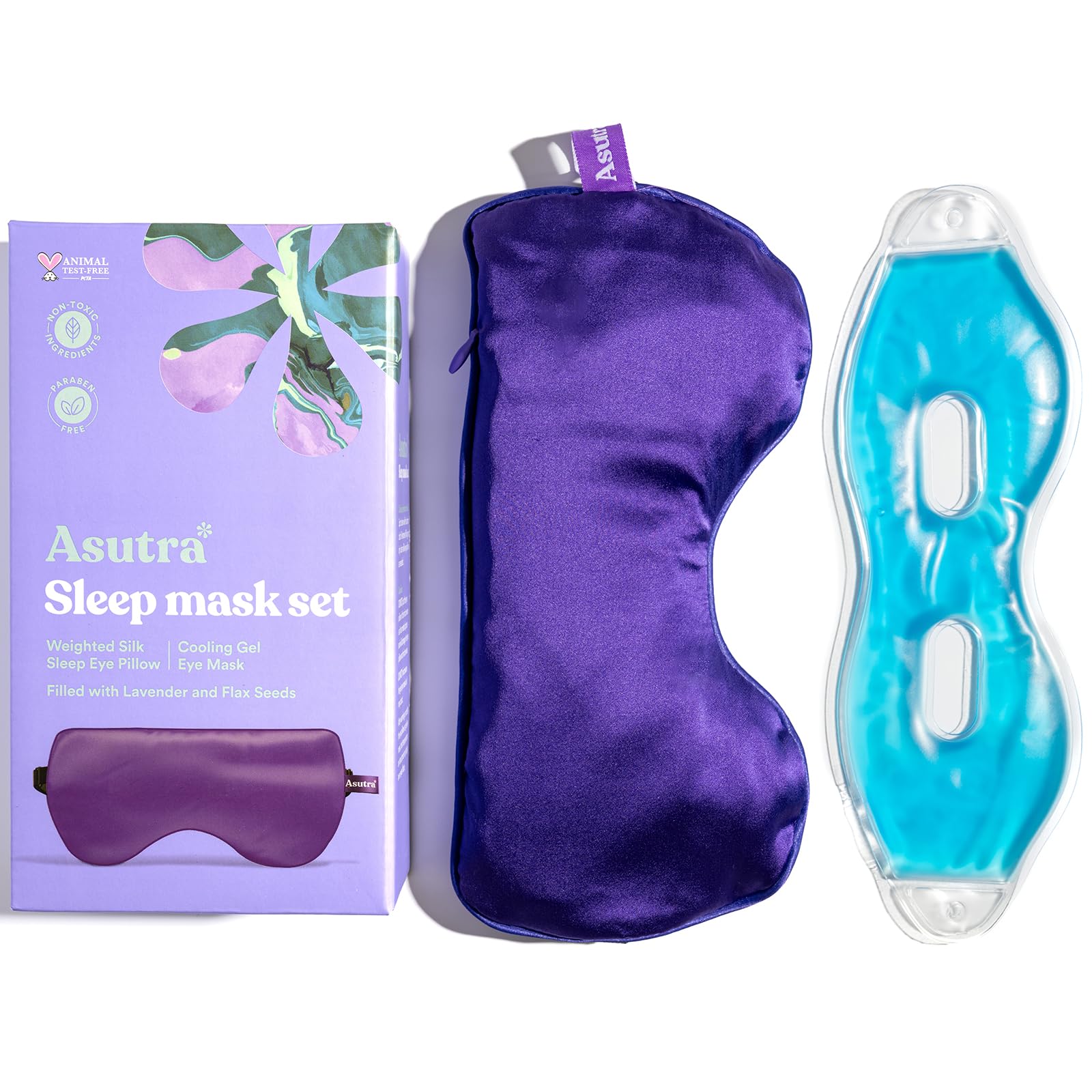 ASUTRA Silk Eye Pillow for Sleep, Purple - Filled w/Lavender Buds & Flax Seeds, Weighted Eye Mask, Meditation & Light Blocking Blindfold, Cooling Gel Mask Included
