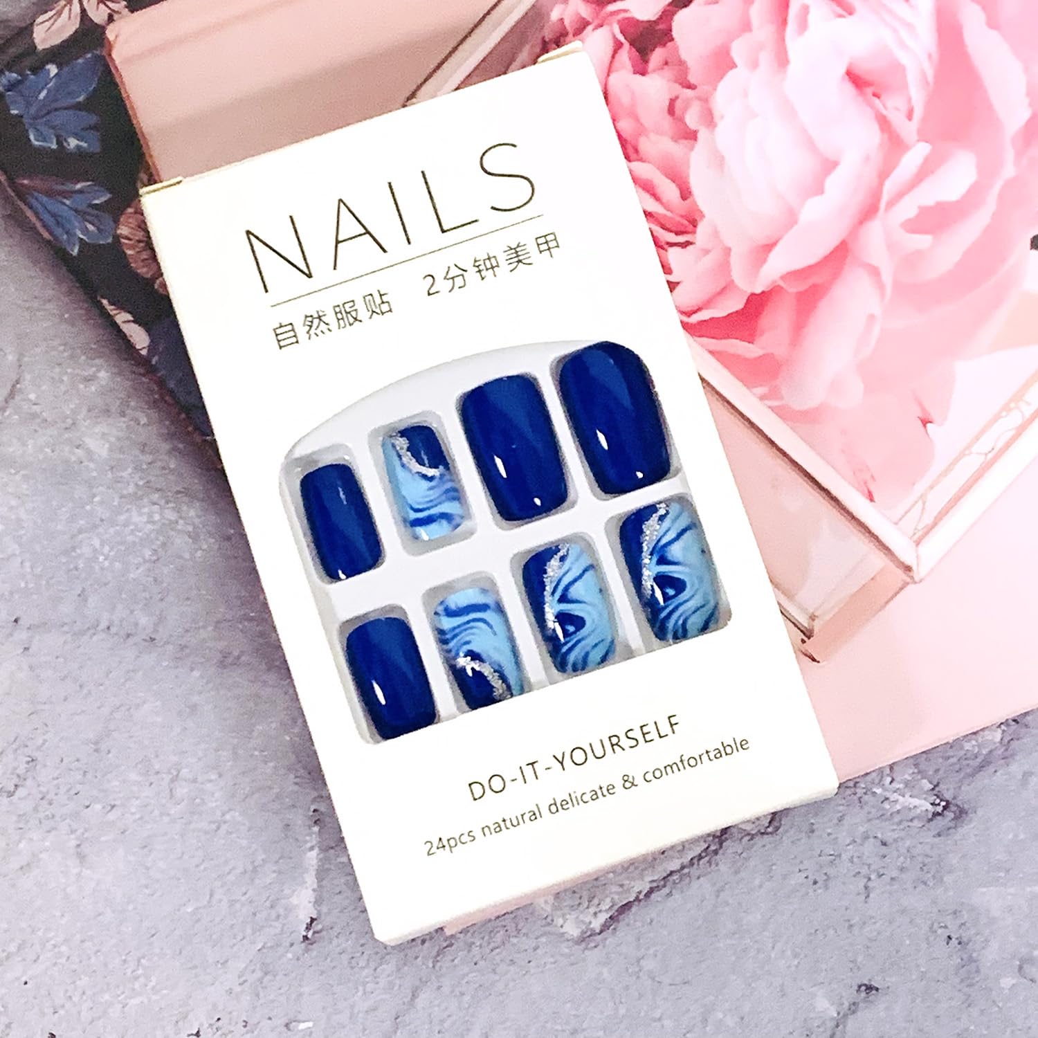 Press on Nails Square Medium Length Glossy Full Cover Acrylic Blue False Nails with Marble Designs Artificial Short Coffin Fake Nails Glue ons Nails Stick on Fingernails for Women Girls - Image 6