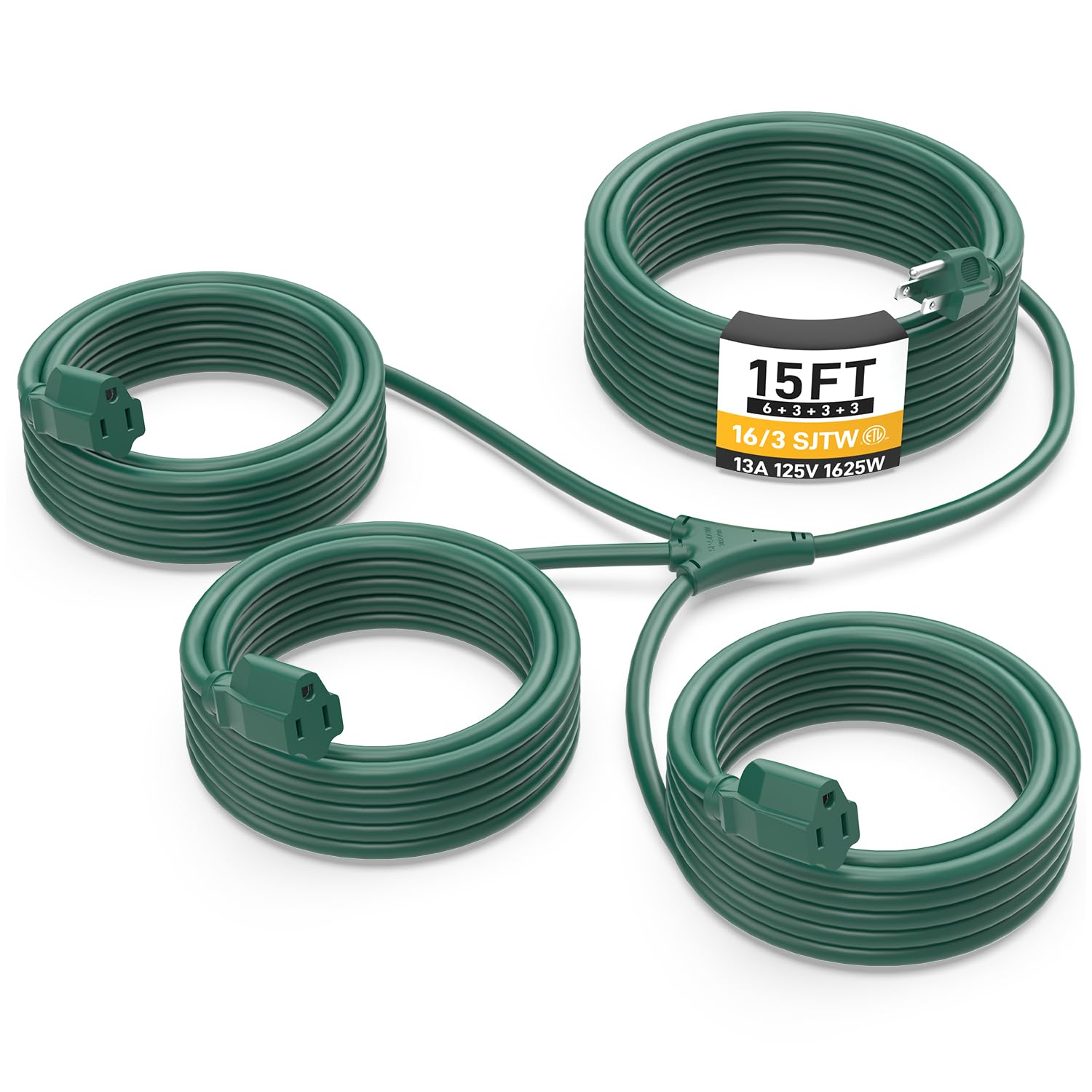 Photo 1 of 15FT Outdoor Green Extension Cord with Multiple Outlets, Evenly Spaced 3 Outlets, Light Duty 16/3 SJTW Cable with Grounded Plugs, 13AMP 1625W 125V 16AWG, ETL Listed