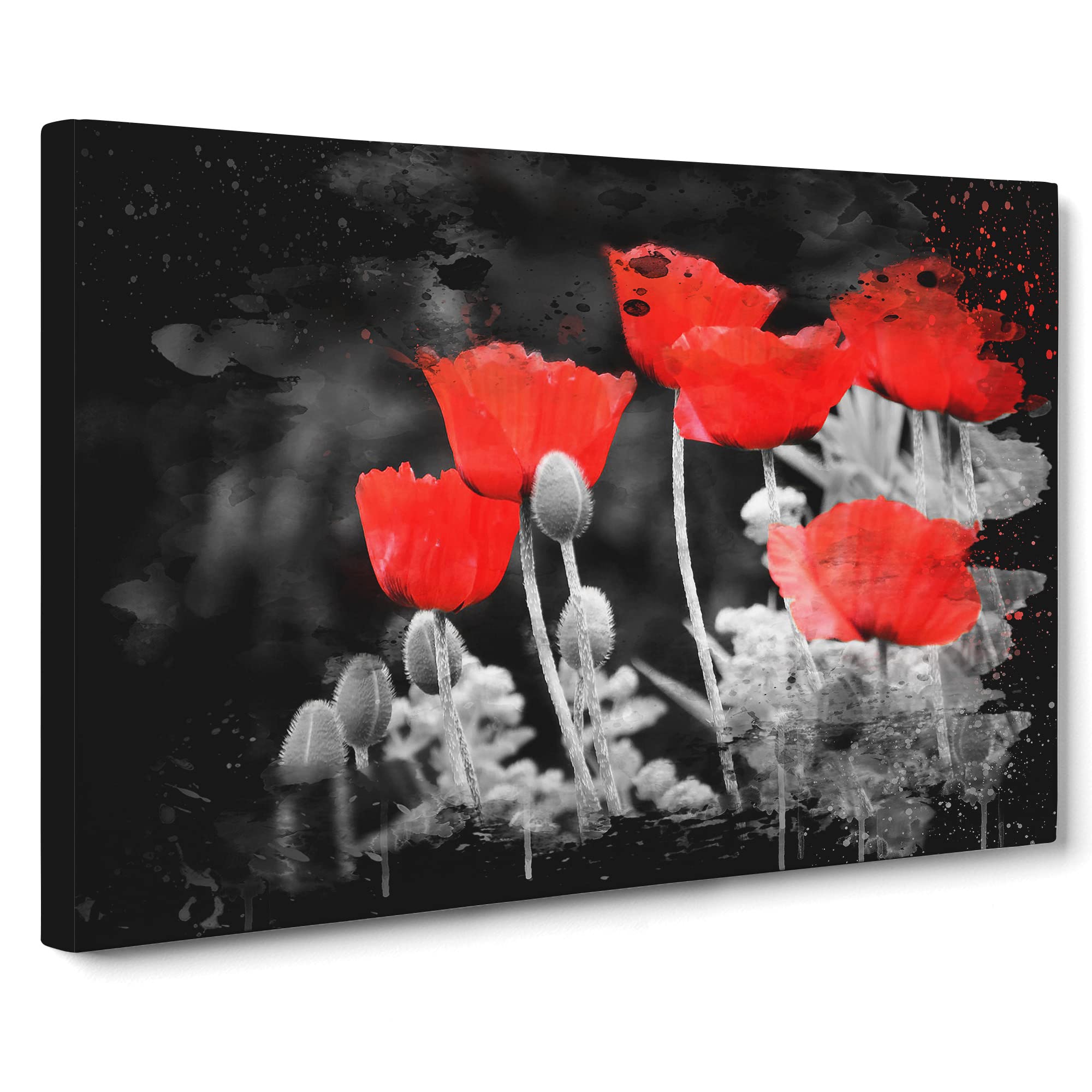 Red PModern OPpy Field Flowers No.7 Modern CB Canvas Print | Gallery Wrapped 30mm Frame Wall Art | 20x14 inches | Ready to Hang | Modern Floral Picture | Living Room Bedroom Lounge Office