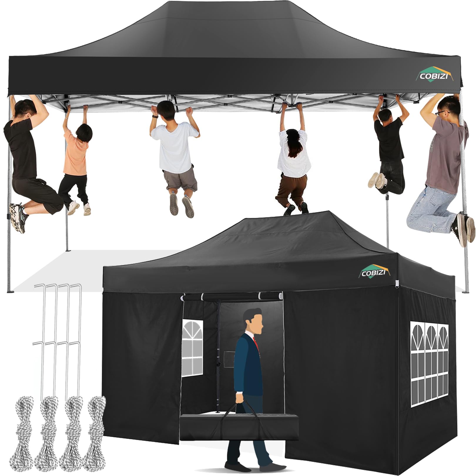 COBIZI Pavillon 3x4,5 Wasserdicht Stabil Winterfest mit Seitenwand,Schwarz