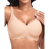 SINFLA Womens Scalloped No Underwire Bras Wireless Seamless V Neck Bra with Medium Support and Lift T Shirt Bralette