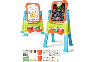 Lehoo Castle Kid Easel, 4 in 1 Double Sided Art Easel with Magnetic White Board & Chalk Board, Adjustable Standing Toddler Ea