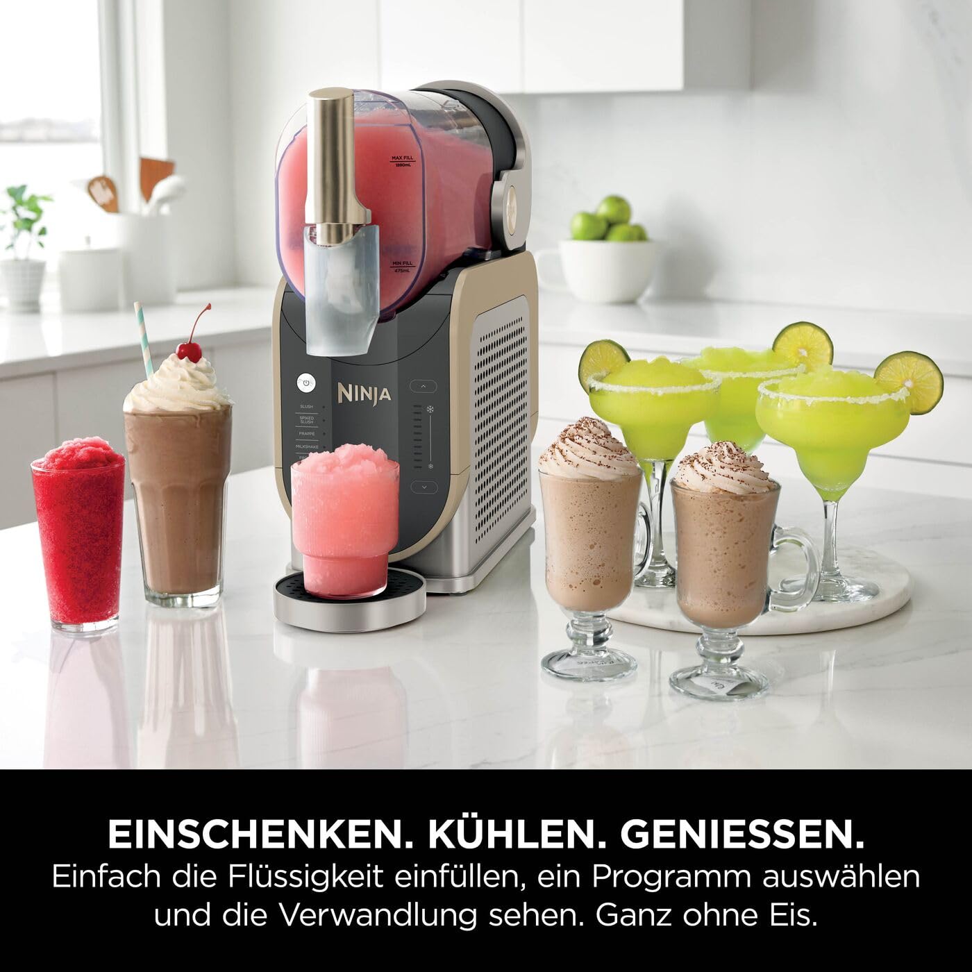 Ninja SLUSHi Maschine für Slush, Eis-Cocktails, Frappé, Milchshakes & gefrorenen Saft, ohne Eis oder Vorbereitungsaufwand, WhisperChill-Technology, fasst 1,9 L, Stone Gold, FS301EUSTGD 2
