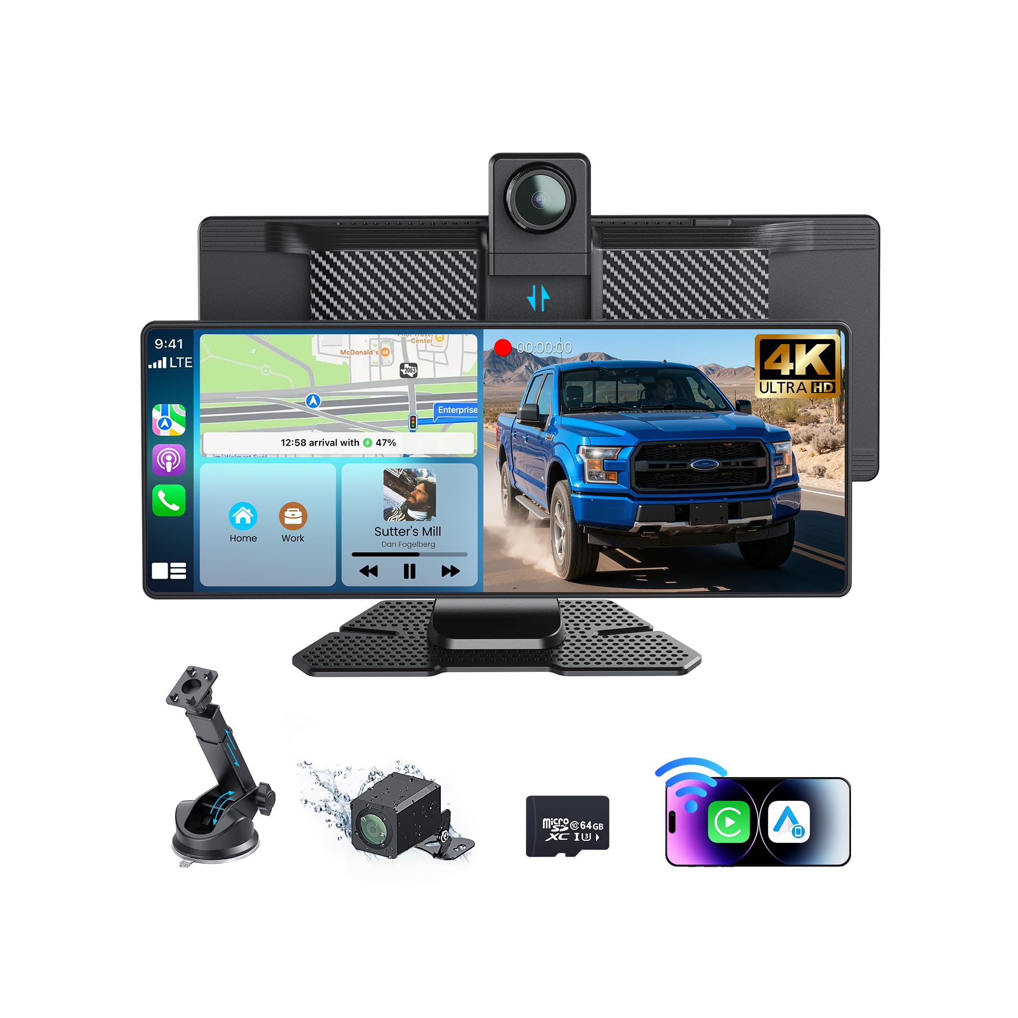Photo 1 of 10.26" Portable Wireless Carplay Screen for Car, 4K HD Car Stereo Touch Screen with Apple CarPlay/Android Auto, 4K Dash Cam, 1080P Backup Camera, Mirror Link, Voice Control, Bluetooth, GPS, AUX/FM