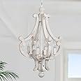 ALISADABOY Farmhouse Rustic Wood Light Fixture Distressed White Dining Room Pendant Chandelier French Country 4 Light Candle Hanging Lamp for Kitchen Island Living Room Bedroom Entryway Foyer