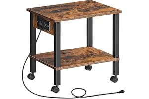 HOOBRO 2-Tier Printer Stand with Charging Station, Under Desk Printer Table, Printer Cart with Storage Shelves, Shelf for Small Spaces, for Home Office, Rustic Brown and Black BF38UPS01