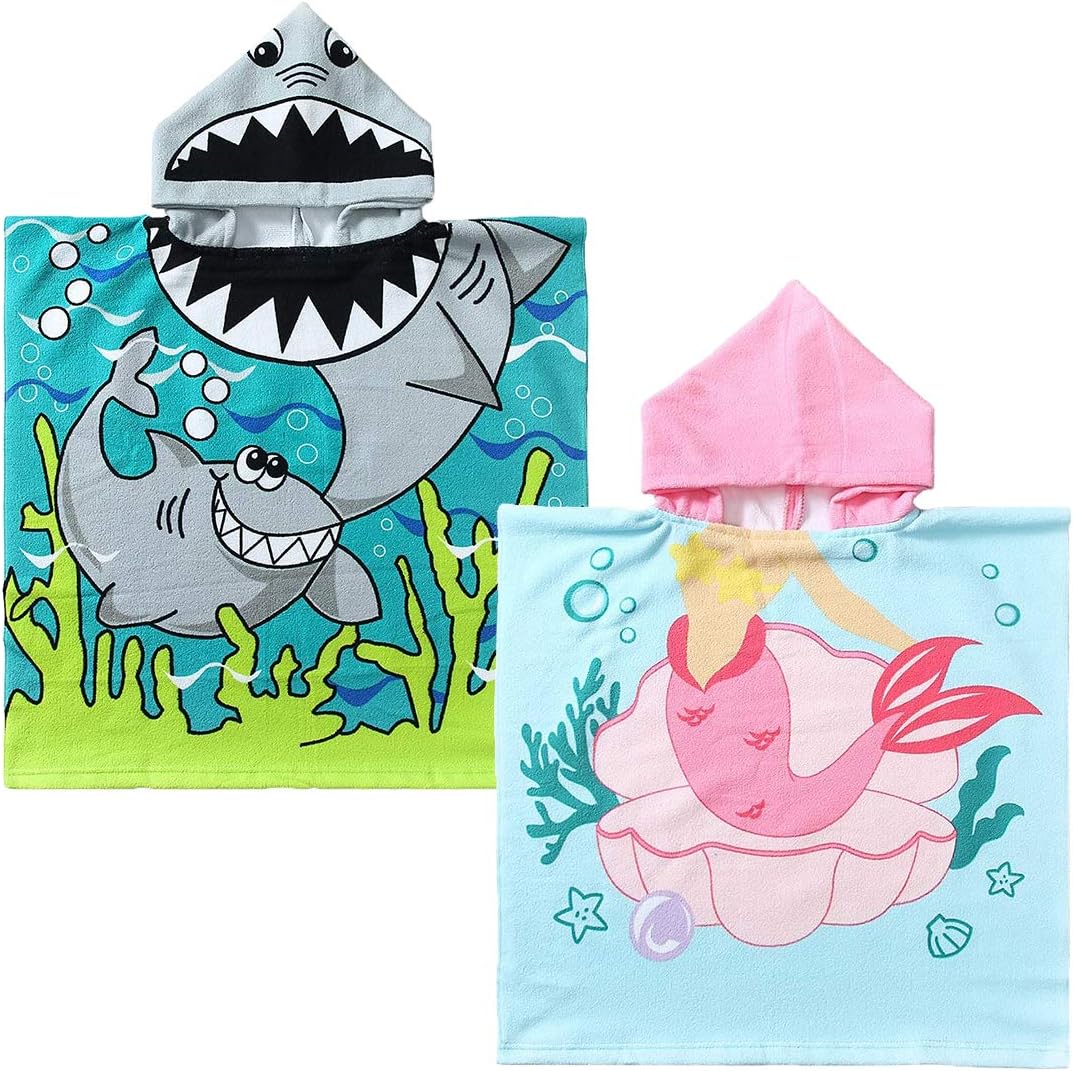 NovForth Kids Hooded Bath Towel Boys, Toddlers Beach Towel with Hood, Children Pool Towel Poncho Girl, 2PK Mermaid and Shark