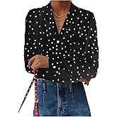 Verdusa Women's Polka Dots Button Down Blouse Long Sleeve Collar V Neck Work Office Dressy Shirts