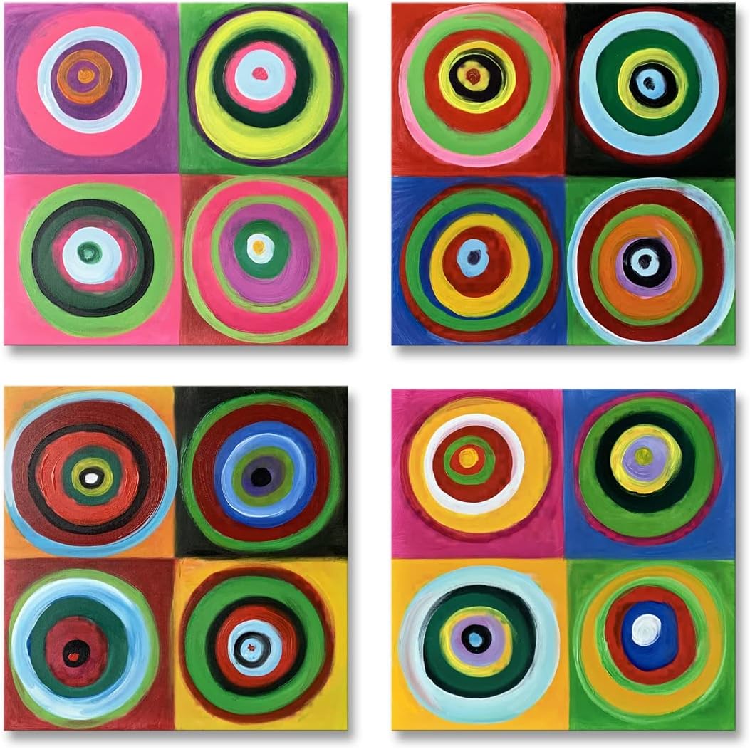Paintings - Hand Painted 4 Panels Colorful Square Wall Art Abstract Circle Canvas Oil Painting