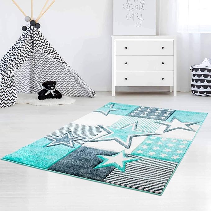 carpet city Kinderteppich Hochwertig mit Sternen-Muster in Pastell-Türkis mit Konturenschnitt, Glanzgarn für Kinderzimmer Grö