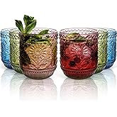 Glass Cups, Vintage Glassware Drinking Glass Set of 6, 12oz Colored Glassware with Sunflower Design, Embossed Floral Decorative Glasses Drinking Set for Cocktail, Wine, Vintage Drinking Glasses