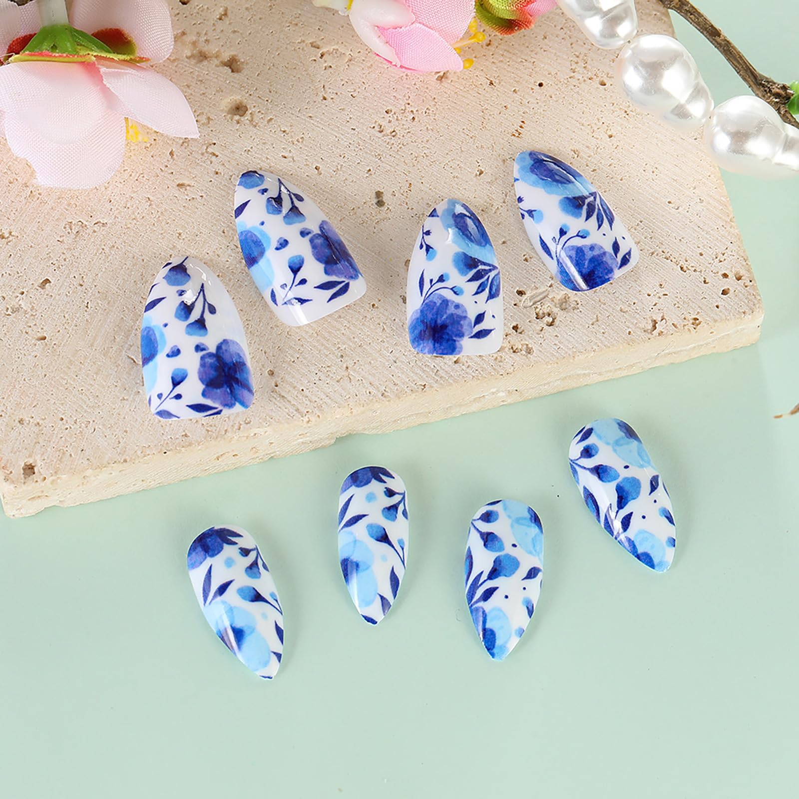 Rilafuvu Press on Nails Almond Fake Nails Short False Nail Blue and White Porcelain Acrylic Nails Full Cover Glue on Nails Glossy Stick on Nails Floral Acrylic Press on Nails Cute/lovely 24Pcs-12Sizes - Image 2