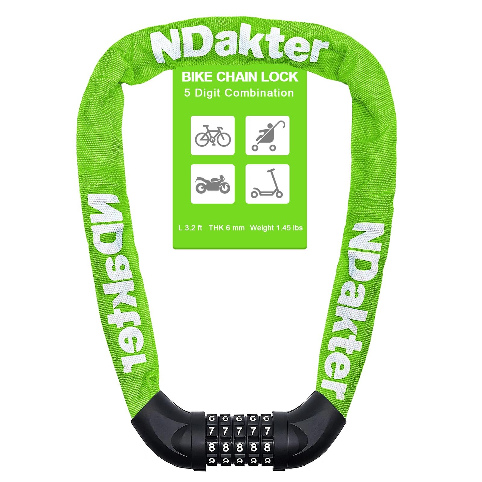 Photo 1 of LOCKED NDakter Bike Chain Lock, 5 Digit Combination Heavy Duty Anti Theft Bicycle Chain Lock,2.62/3.2/4.27/5/6Ft Long Security Resettable Bike Locks for Bike, Bicycle, Scooter, Door, Gate, Fence-4/6mm Thick