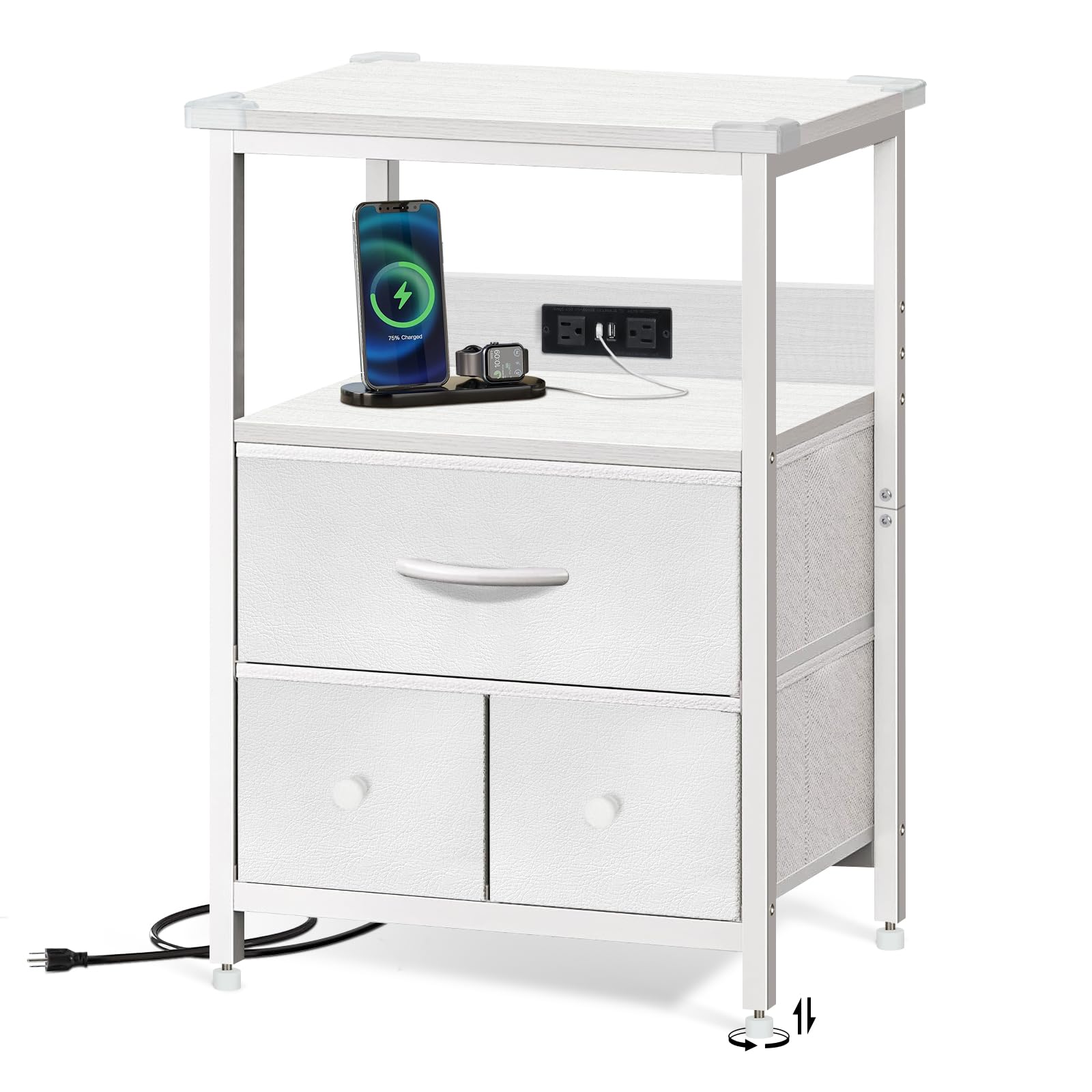 Photo 1 of BEHEY Night Stand, Bedside Table, Adjustable Leveling Dorm Nightstand with 3 Drawers Storage, End Table with Corner Protectors, Nightstand with Charging Station, 3-Tiers?White, 15.75 Inch