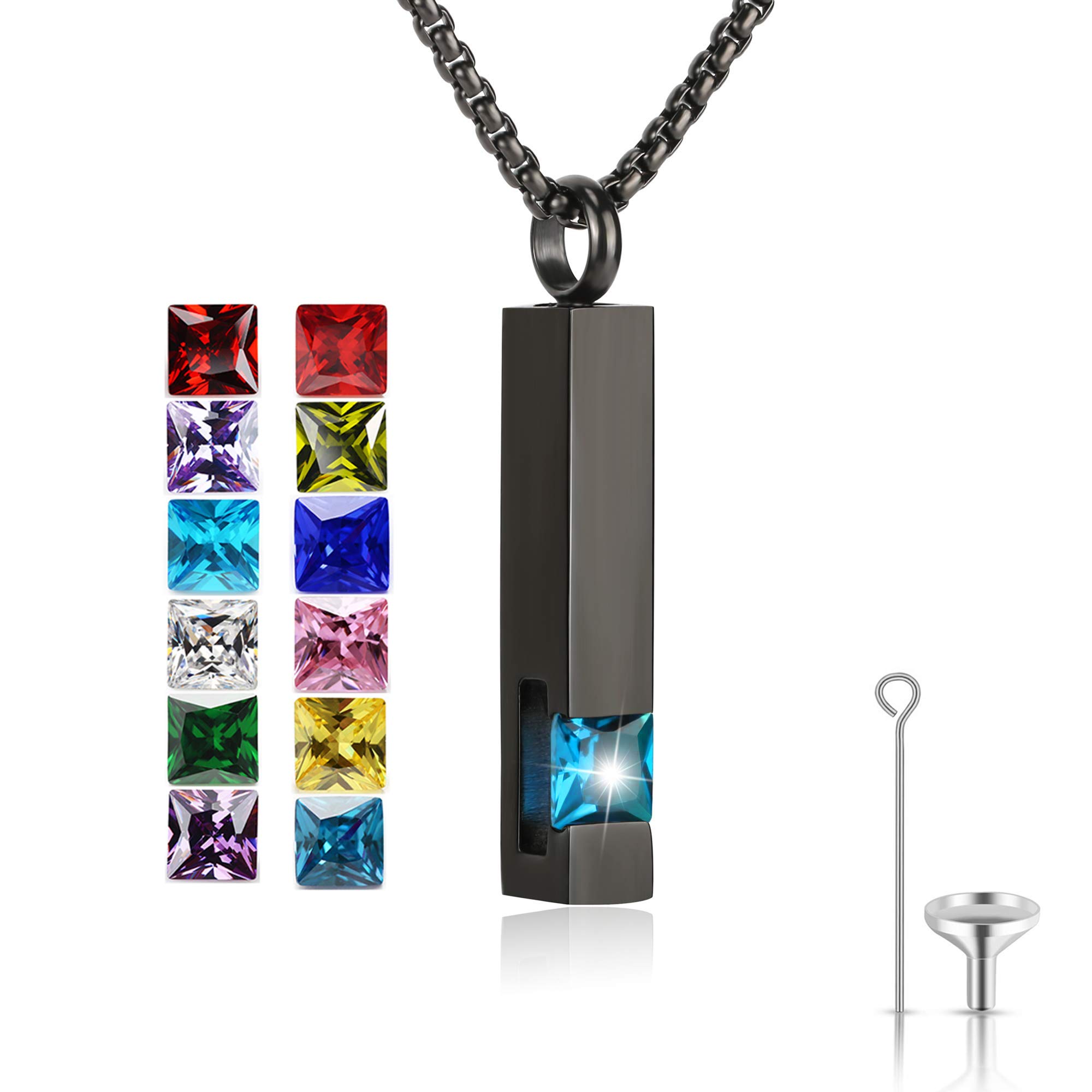 Birthstone Cuboid Locket Urn Necklaces for Ashes Cremation Jewellery Urns for Human Ashes Memorial Urn Keepsake Pendant