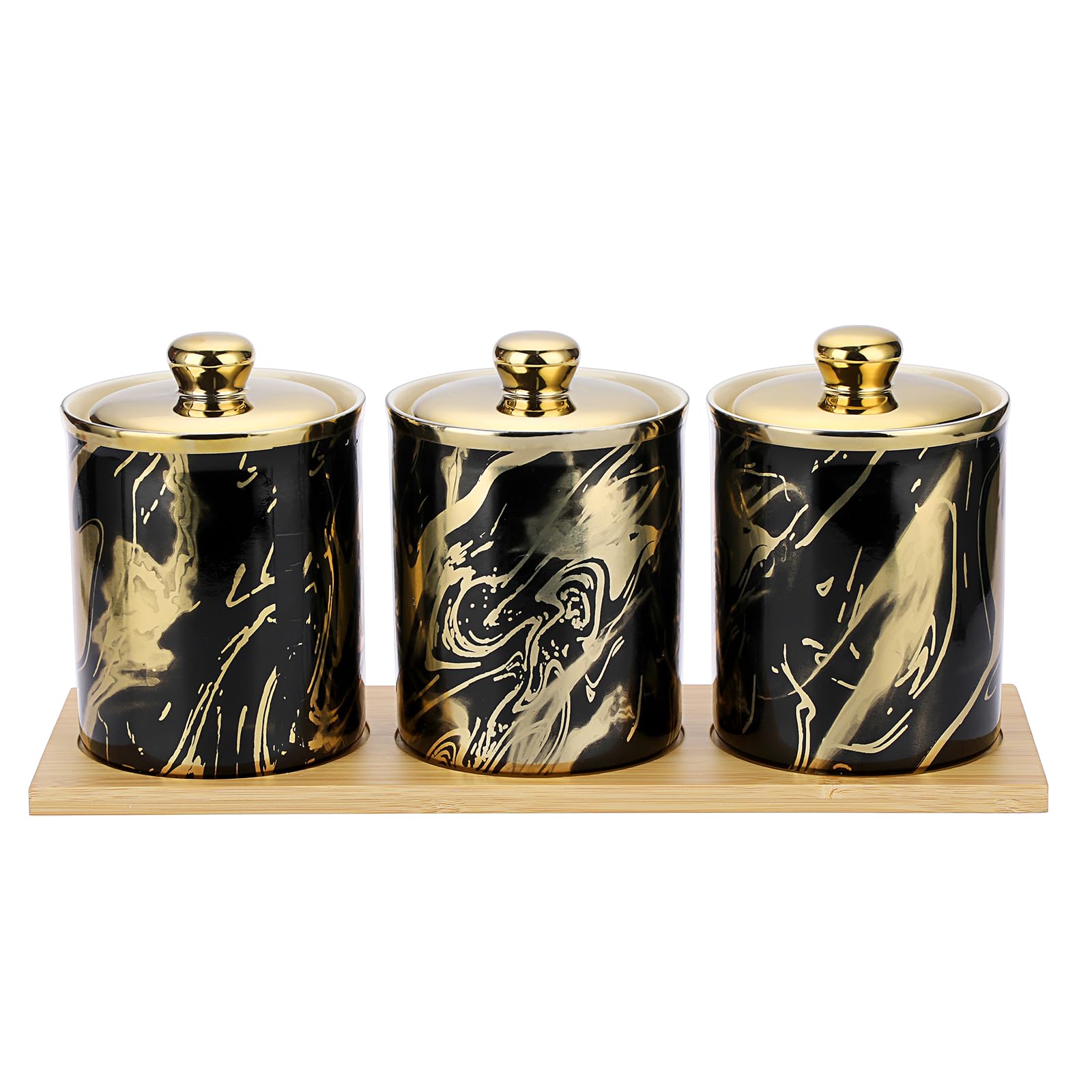 Photo 1 of JUXYES Set of 3 Ceramic Canisters Set for Sugar Coffee Tea With Tray, Luxurious Storage Containers Sets with Lids Decorative Storage Pots Marble Ceramic Storage Jar for Kitchen Dining Room
