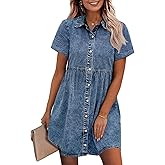 Wenrine Women's Summer Denim Dress Button Down Short Sleeve Casual Tiered Babydoll Jean Dresses