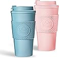 Neon Kactus - Double-Walled Coffee Cup, Reusable Coffee Cup with Resealable Lid, Food-Grade Silicone Seal and Sleeve, Insulated Coffee Tumbler, Super Sonic & Pink Flamingo, 16oz, 2pk