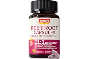 NUISM Organic Beet Root Capsules - Beetroot Extract 21:1 Concentrate Beets Supplements for Nitric Oxide, Healthy Blood Pressure, Blood Flow Circulation, Energy Gluten-Free 90 Powder Caps