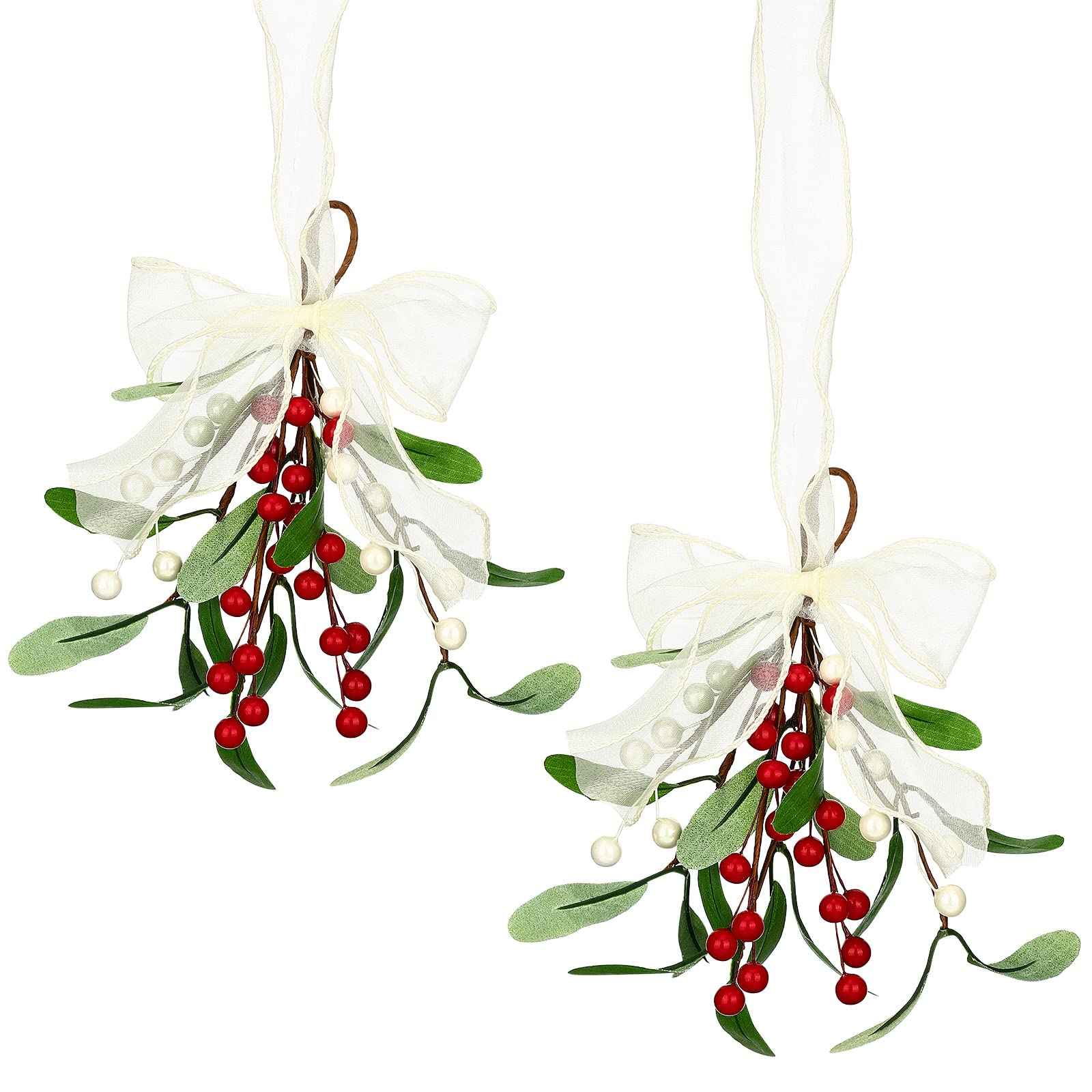 Photo 1 of 2 Pieces Mistletoe Christmas Decor Artificial Mistletoe Pick Christmas Decoration with Berries and White Ribbon Bow Faux Hanging Kissing Ball for Xmas Tree Ornament Party Decor (Red White)