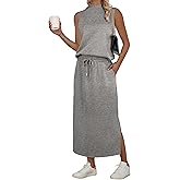 GRECERELLE Two Piece Skirt Sets for Women Sleeveless Mock Neck Top Split Maxi Skirt Vacation Travel Matching Set with Pockets