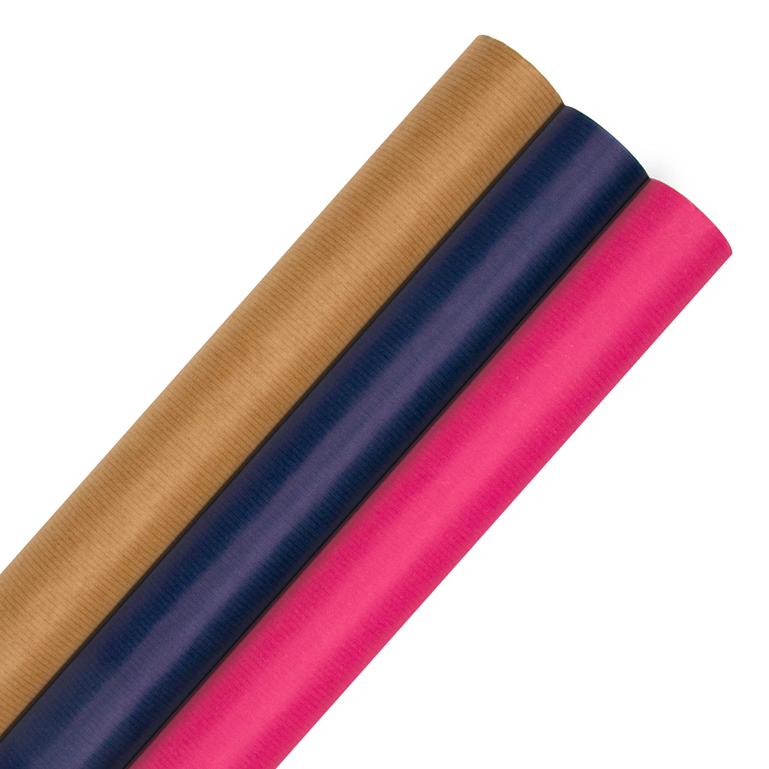 Hallmark 9M Multi Occasion Multi-Roll Kraft Wrapping Paper Pack - 3 Rolls in 3 Bold Colours, Brown, Navy, Pink, 9 m