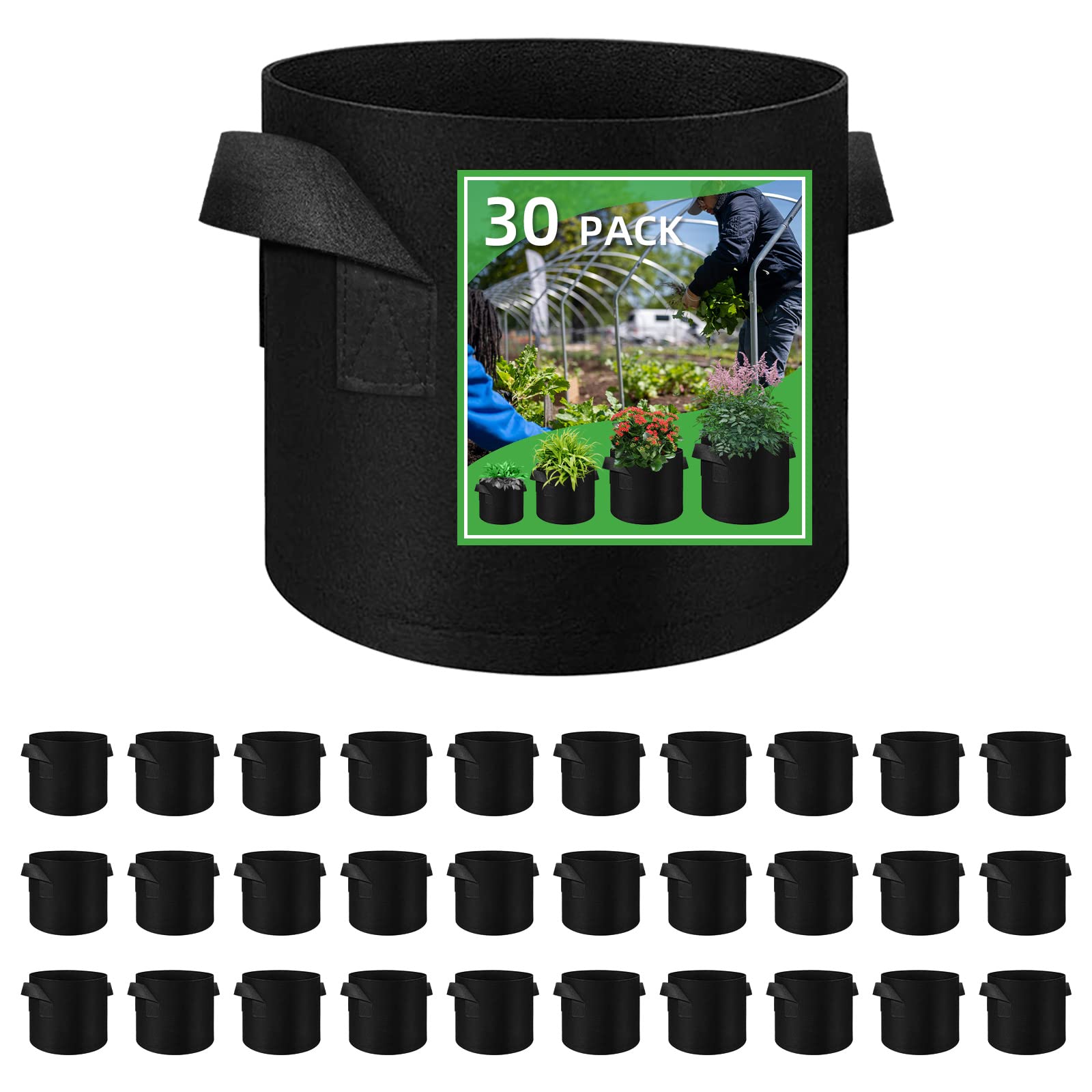 30 Pack Vegetable Grow Bags, Gardening Plant Growing Bags Breathable Non-woven Fabric Plant Pots with Handles Indoor & Outdoor Grow Containers for Vegetable/Flower/Plant/Fruits, 7 Gallon(Black)