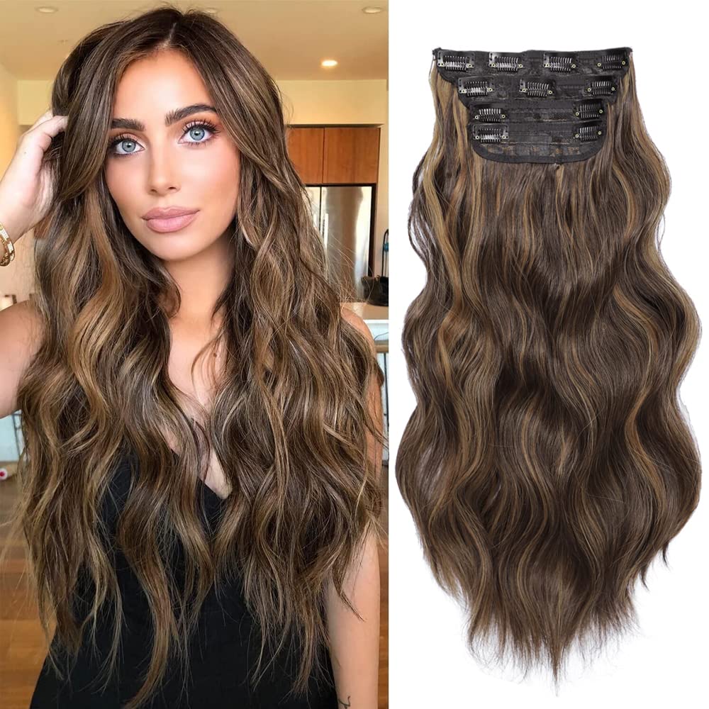 Hair Extensions Clip in 4pcs Honey Brown Balayge Hair Extensions 20inch Long Wavy Full Head Synthetic Hairpieces for Increases Volume/Length, suitable for Various Occasions/parties, daily Use โ image 1