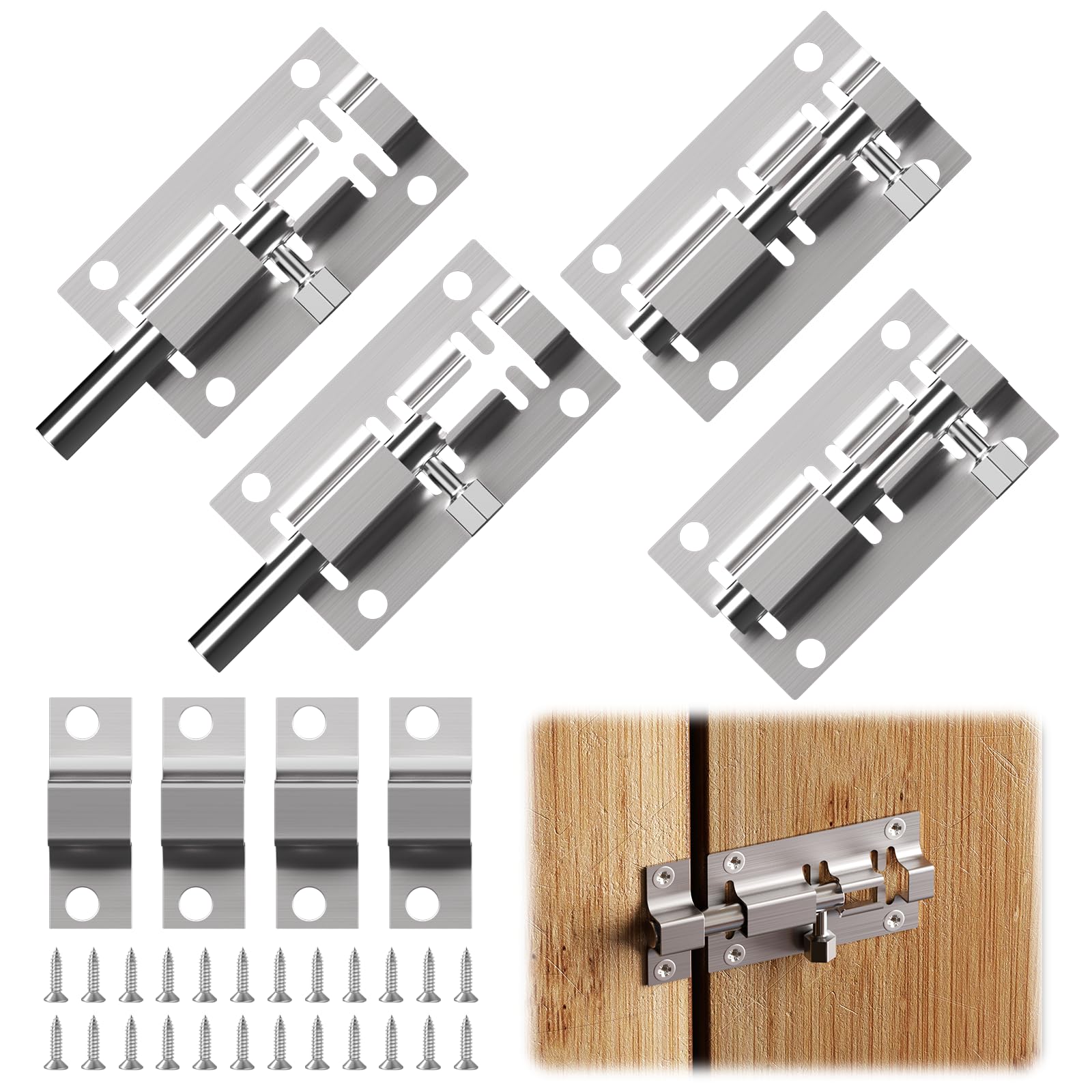 4 Pcs Door Lock Bolt Small Door Bolt Lock 2 inch Sliding Latch Lock with Screws Door Security Barrel Bolt Latch Mini Stainless Steel Latch for Garden Gate Pet Doors Bathroom Storage Units(5 * 2.7CM)