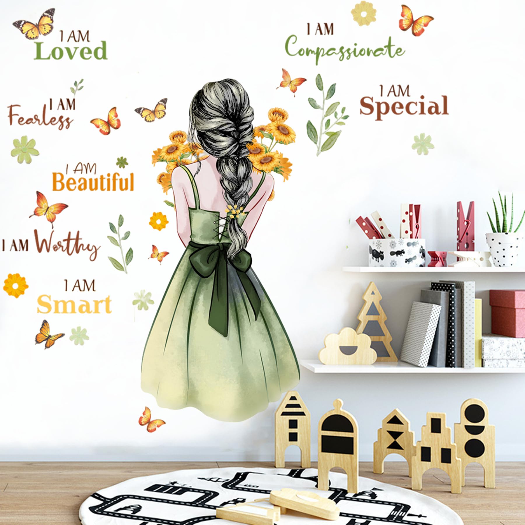 Inspirational Girl Wall Stickers for Girls Bedroom, Sunflower Girl Wall Decals with Positive Affirmations, Peel and Stick Watercolor Wall Art for Nursery Kids Room Decor, Vinyl Stickers in Gift Box