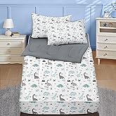 Nesker Zipper Bedding Twin Cute Cartoon Dinosaur Zip Up Bedding Set for Boys and Kids, Animal Dino 3 Pcs Comforter Bed in a Bag with Fitted Sheet and 2 Pcs Pillowcases