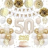 Froova 50th Birthday Decorations for Women Men, Sand Gold White Birthday Balloons Happy 50th Banner Cake Topper Neutral Number 50 Balloon Pom Poms for Him Her 50 Years Old Bday Party Decoration Boho