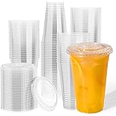 JOLLY CHEF 500 Pack 20 oz Clear Plastic Cups with Flat Lids, Disposable Iced Coffee Cups, Premium Crystal Smoothie Cup for Party, Cold Drinks, Juice, Wedding, Christmas, Birthday, Halloween, Party