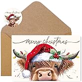 Whaline 36Pcs Christmas Highland Cow Thank You Cards Xmas Hat Brown Cow Note Cards with Envelopes Stickers Merry Christmas Blank Greeting Card for Holiday, 4 x 6 Inch
