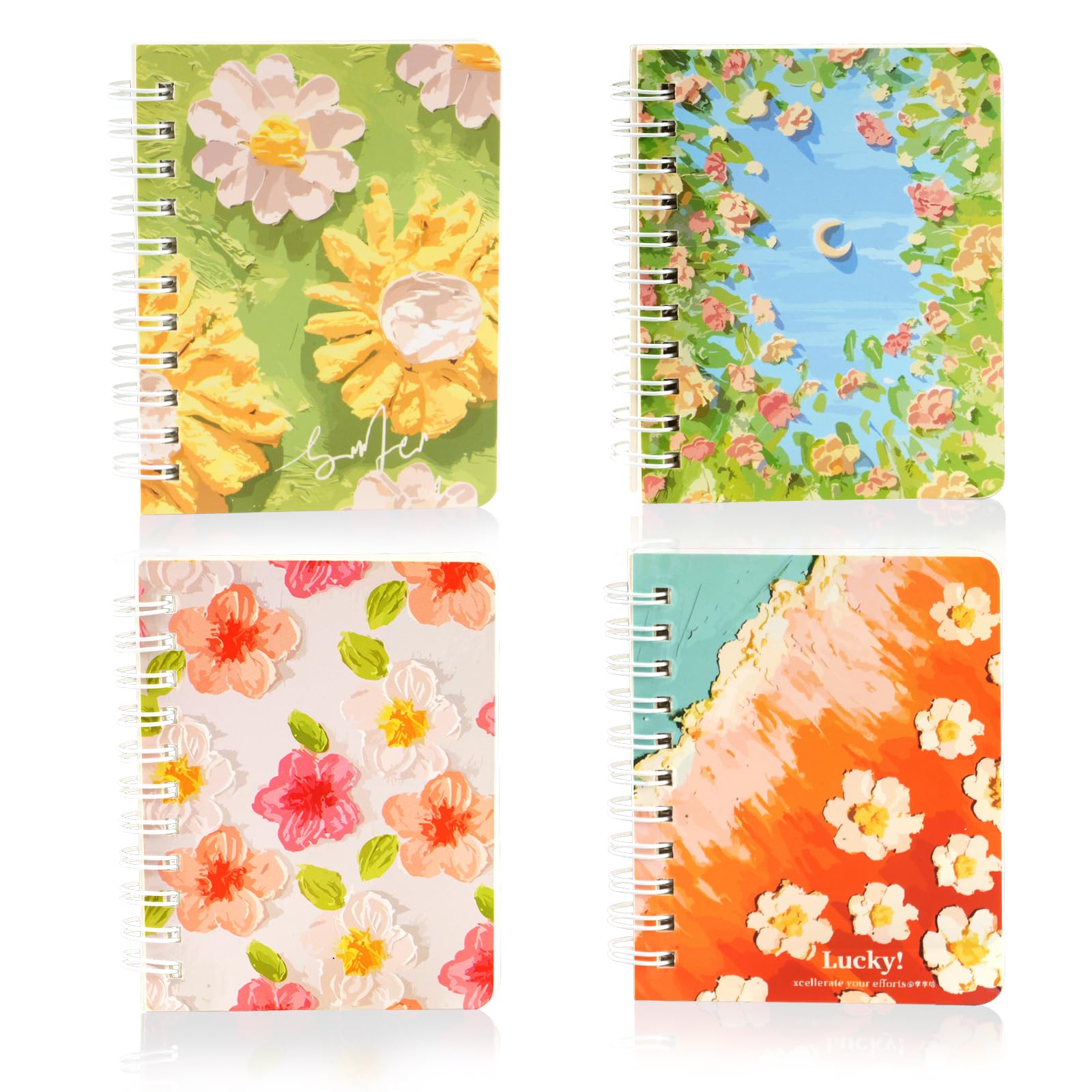 Pocket Notebook, 4PCS Small Notebook, A7 Blank Spiral Notebook Hardback Flower Print Notepad for Girls Party Bag Fillers Gift Office School Supplies (160 Pages)