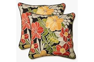 Pillow Perfect Tropic Floral Indoor/Outdoor Accent Throw Pillow, Plush Fill, Weather, and Fade Resistant, Large Throw - 18.5" x 18.5", Black/Green Clemens, 2 Count