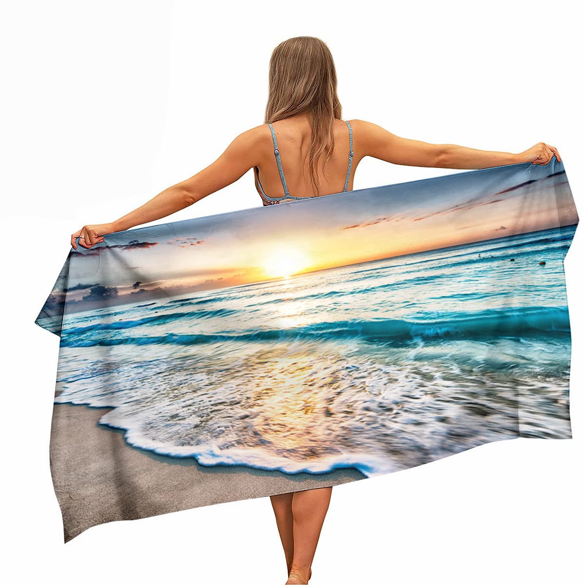 Ulticool - Sea Waves Beach Natural - Towel Microfibre - Travel Towel Quick Drying Bath Towel - 160x80 cm - for Travel Fitness Gym Sports - for Men or Women - Lightweight Microfibre Beach Towel