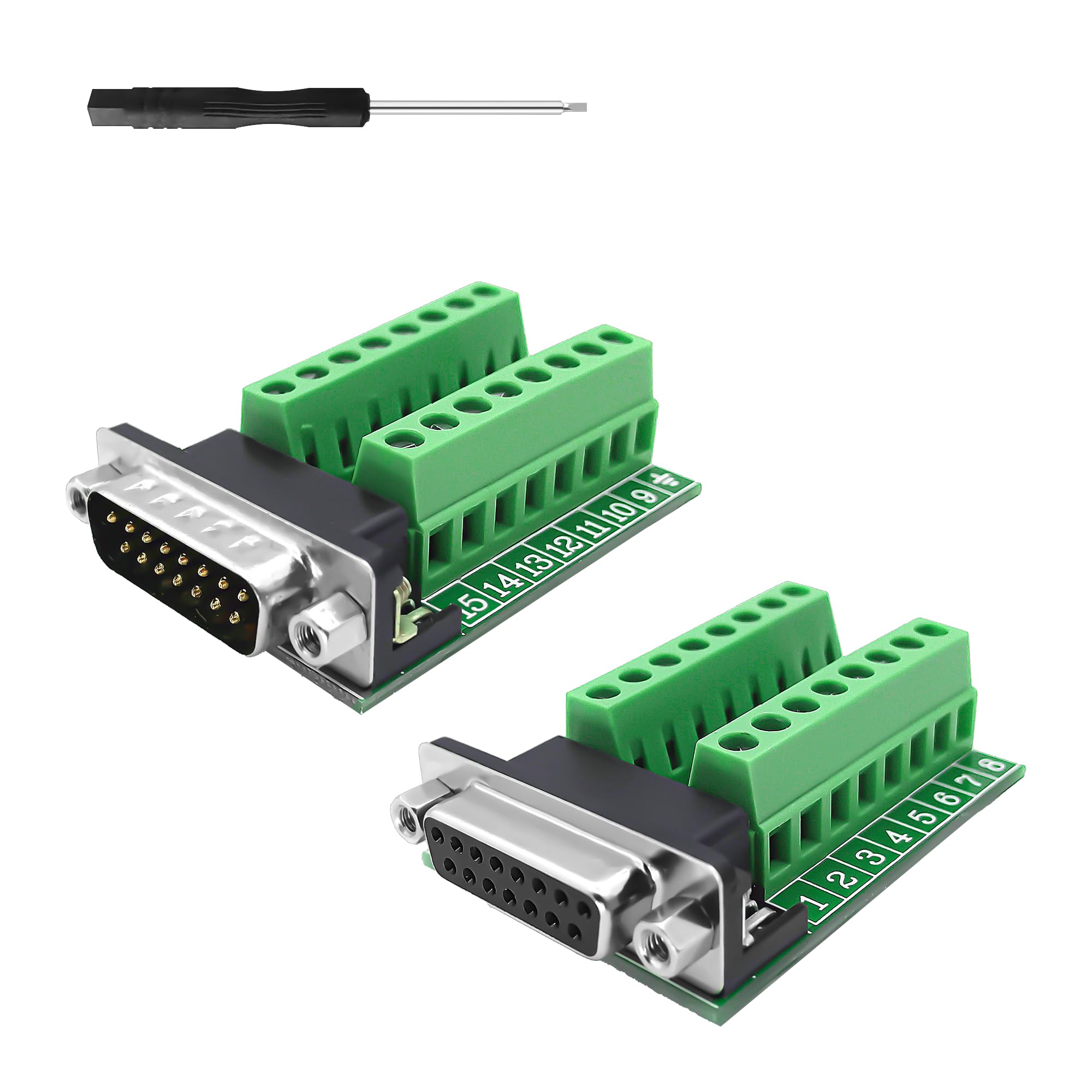 YIMATEECO DB15 Breakout Board, DB15 to Screw Terminal Block RS232 D-SUB to 15Pin Solderless Terminal Block Adapter Converter Connector Interface Breakout Conversion Board (1x Female + 1x Male)
