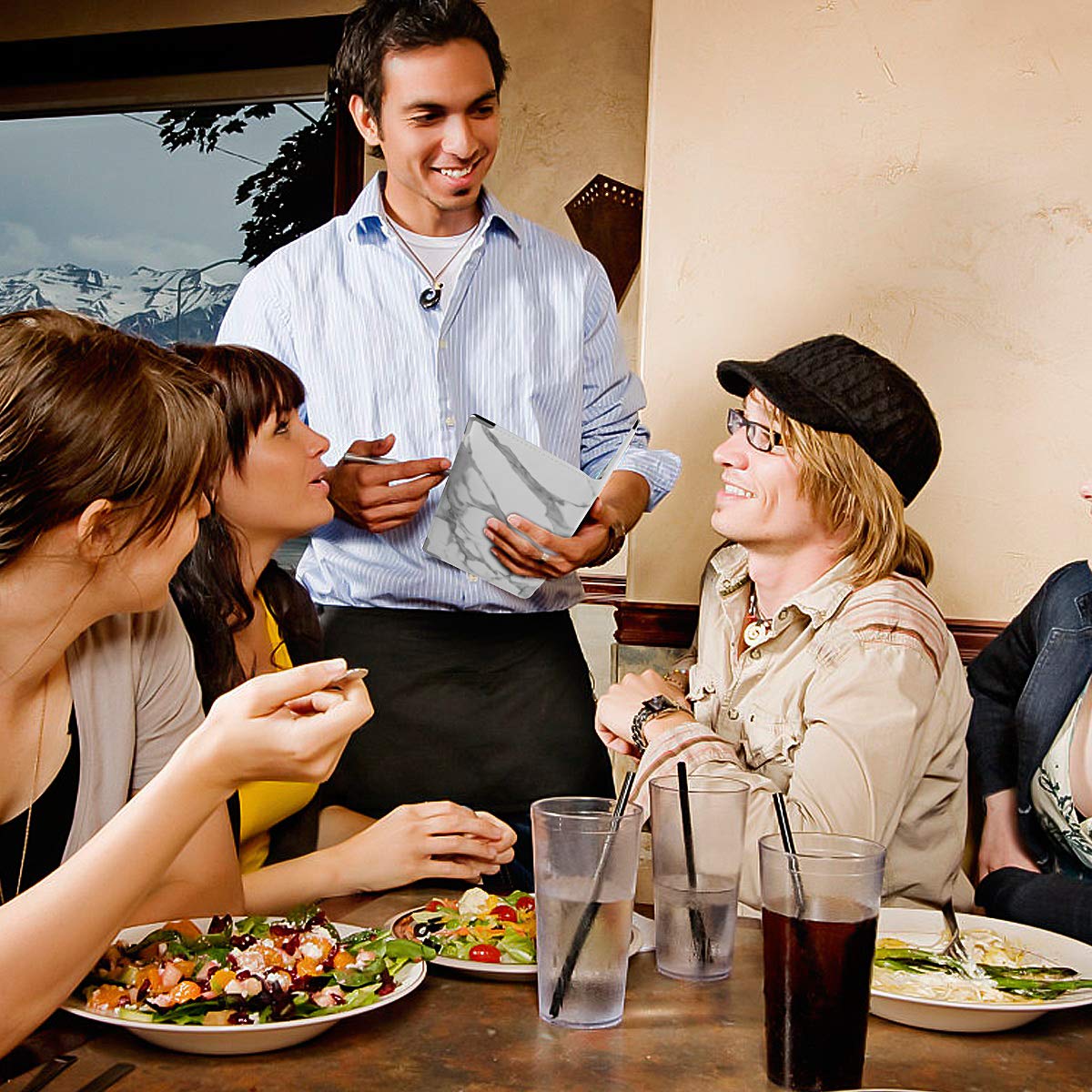 Marble Style Server Book - Nine Pockets - Zipper Pouch - Pen/Order Pad/Card Holder - Classy White - PU Leather Flaps - Signature Style - Deluxe Elegant